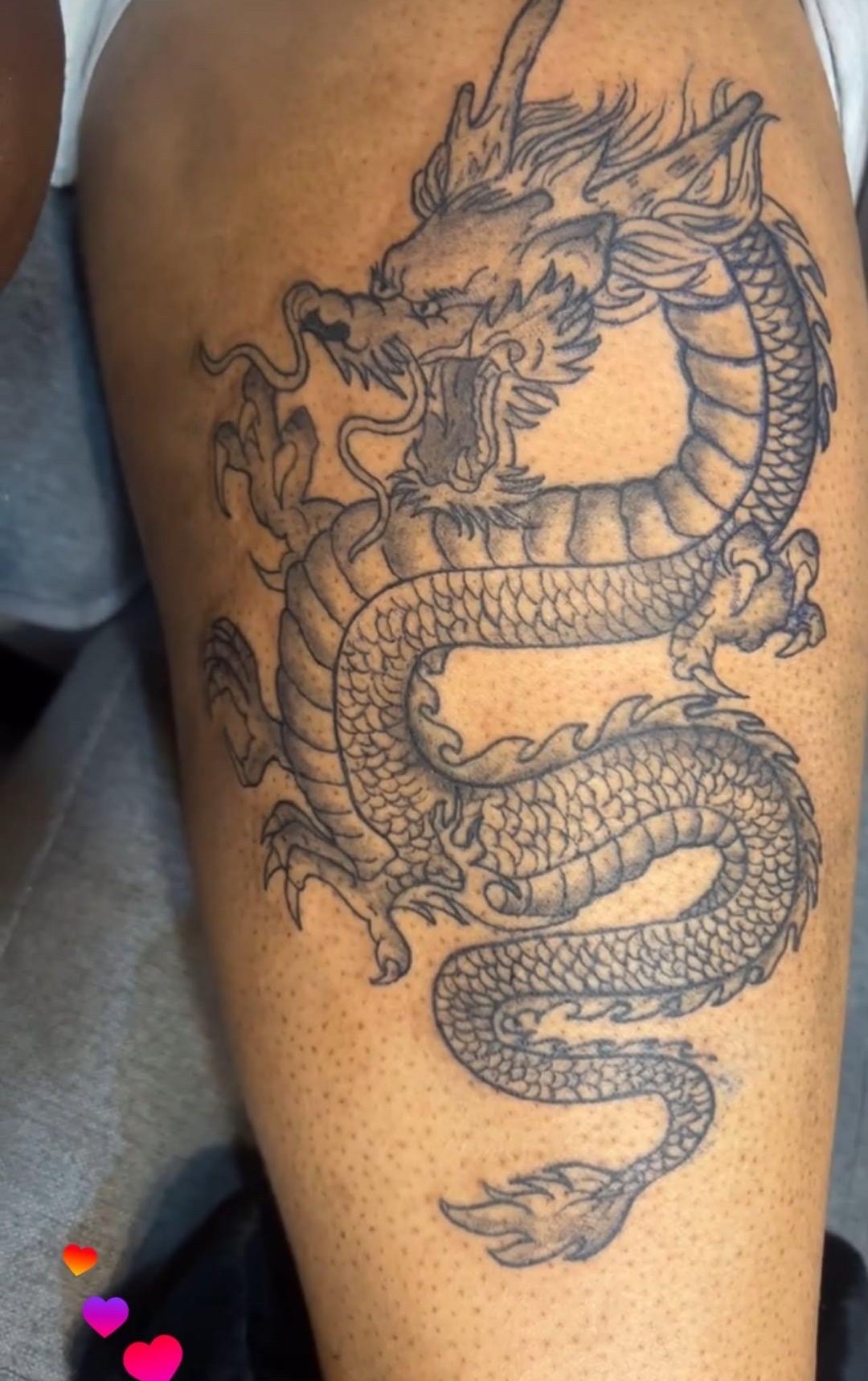 Black and grey Japanese dragon tattoo, full leg piece